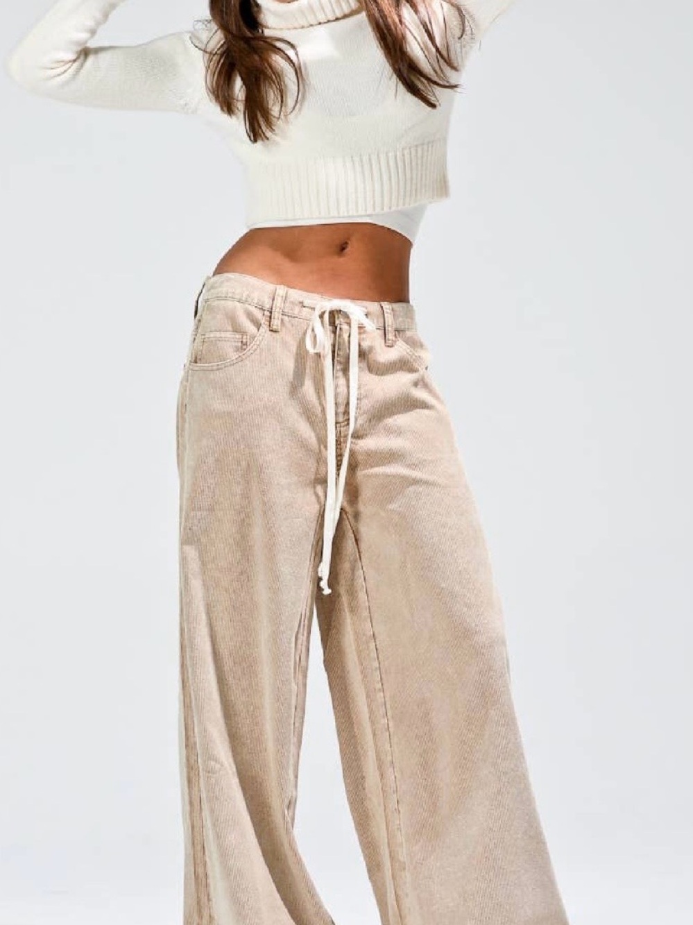 Wide Leg Drawstring Corduroy Pants in Beige